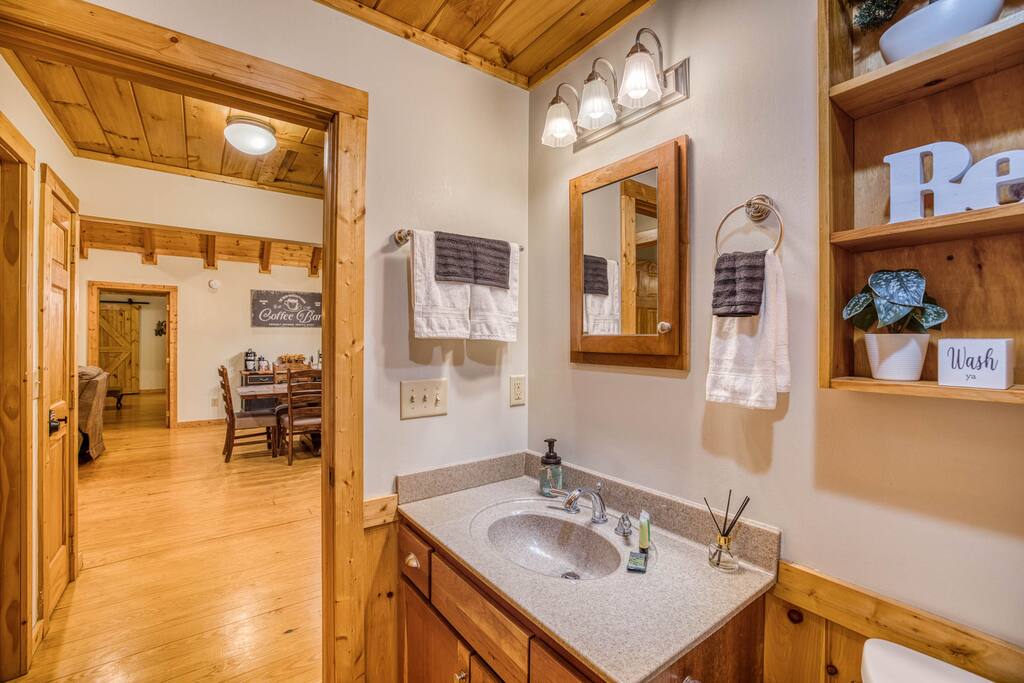 Cozy guest bathroom with warm wood ceiling, a single sink vanity, and granite countertop. Features a mirror, towels, and shelving with plants, opening to a dining area. Cozy guest bathroom with warm wood ceiling, a single sink vanity, and granite countertop. Features a mirror, towels, and shelving with plants, opening to a dining area. - Spacious Cabin, Hot Tub, Theater, Dog Run, FirePit - Ellijay