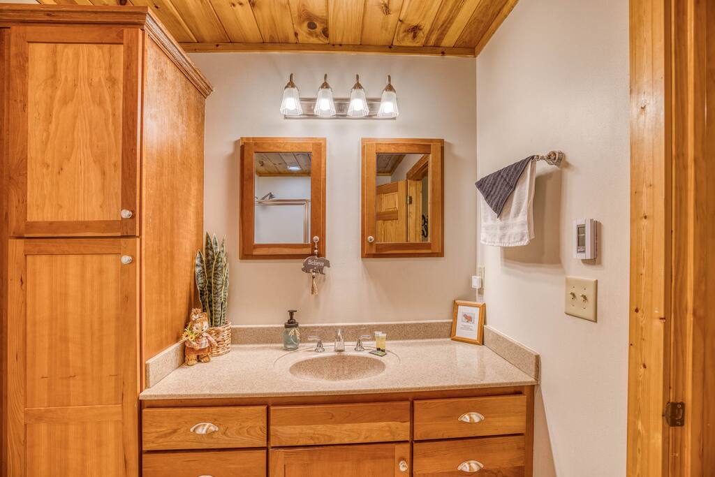 Step into the spacious master suite bathroom, featuring plenty of storage, dual medicine cabinets, a walk-in shower, and elegant tiled flooring. A perfect blend of style and functionality for your comfort and convenience! Step into the spacious master suite bathroom, featuring plenty of storage, dual medicine cabinets, a walk-in shower, and elegant tiled flooring. A perfect blend of style and functionality for your comfort and convenience! - Spacious Cabin, Hot Tub, Theater, Dog Run, FirePit - Ellijay