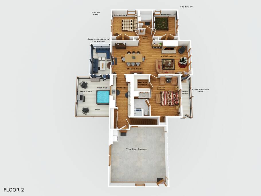 Discover the first-floor layout featuring the living room, dining room, kitchen, two guest bedrooms, a guest bathroom, and master suite. Step onto the front or rear deck to enjoy the hot tub and serene mountain views. Perfect for relaxation! Discover the first-floor layout featuring the living room, dining room, kitchen, two guest bedrooms, a guest bathroom, and master suite. Step onto the front or rear deck to enjoy the hot tub and serene mountain views. Perfect for relaxation! - Spacious Cabin, Hot Tub, Theater, Dog Run, FirePit - Ellijay