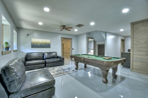 Basement Living Room with Billiards, Coffee station and TV