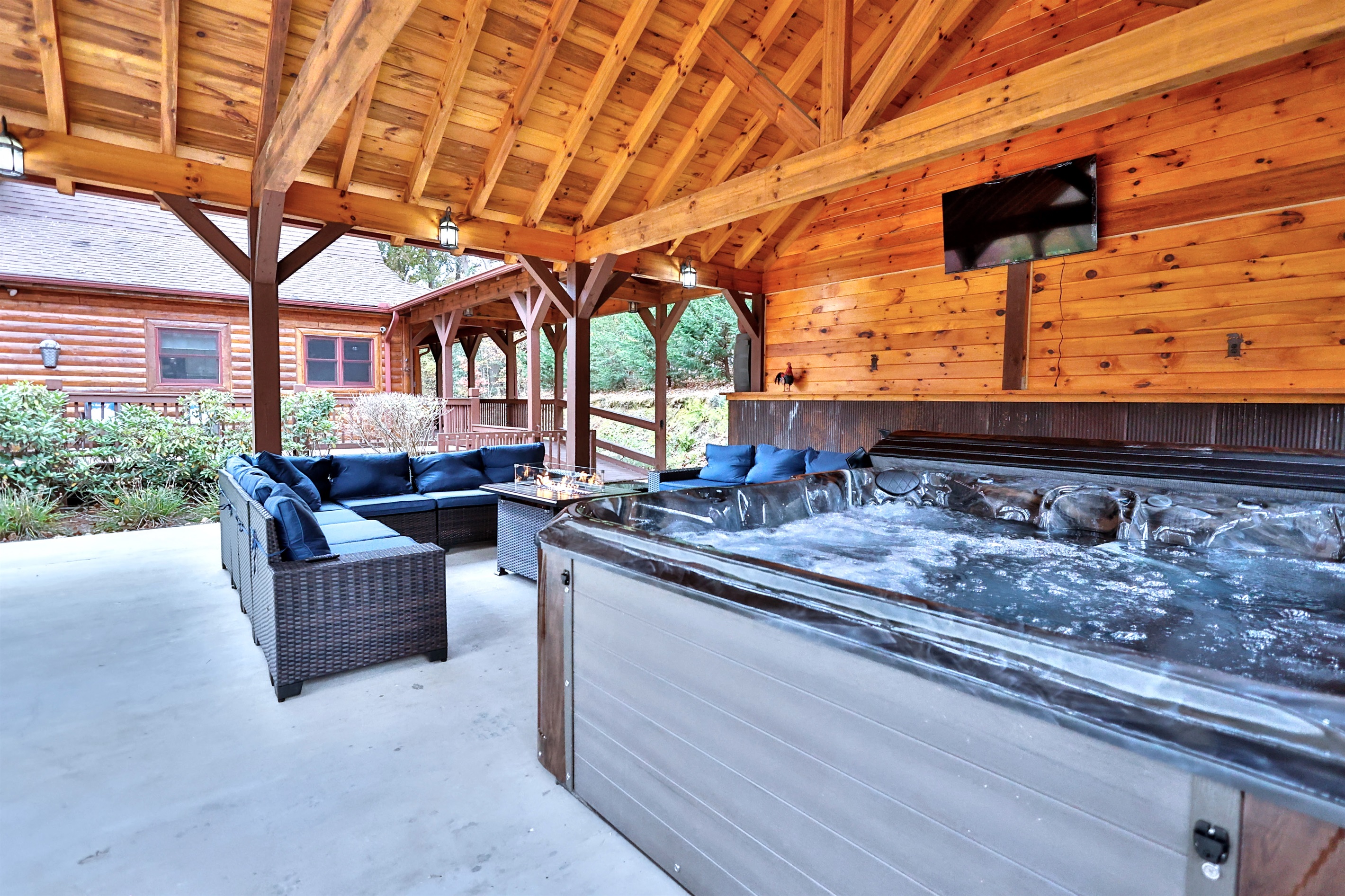Outdoor Entertainment Hot Tub, Seating, Fireplace, TV and Grill