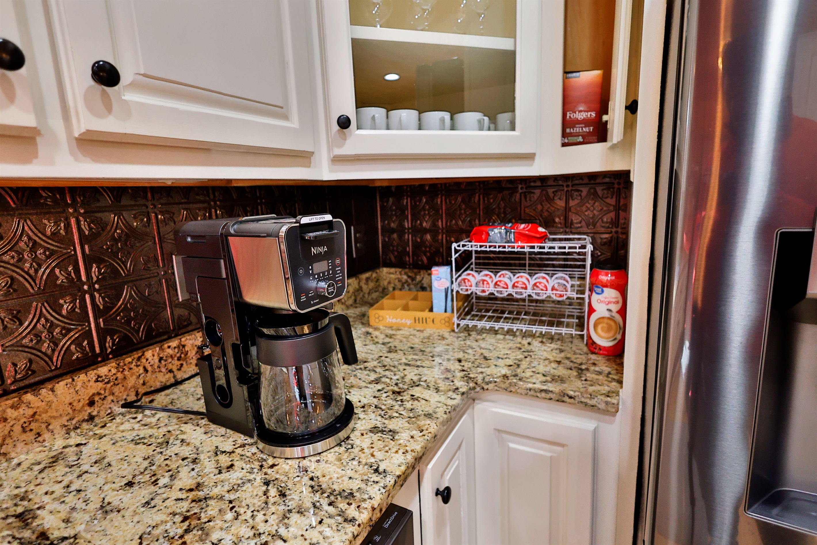 Coffe Bar! Pods and condiments are provided