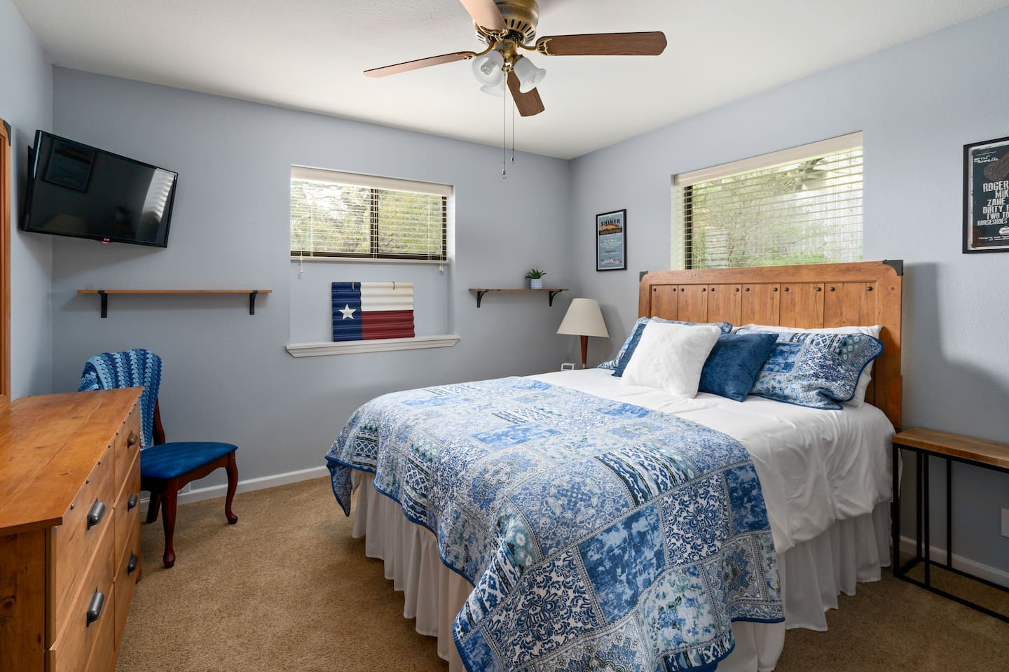 Welcome to the upstairs secondary! A full bathroom is across the entrance to this bedroom, as close as possible to being an ensuite (without being an ensuite) - Infinite Views, Heated Pool, Hill Country Paradise! - Canyon Lake