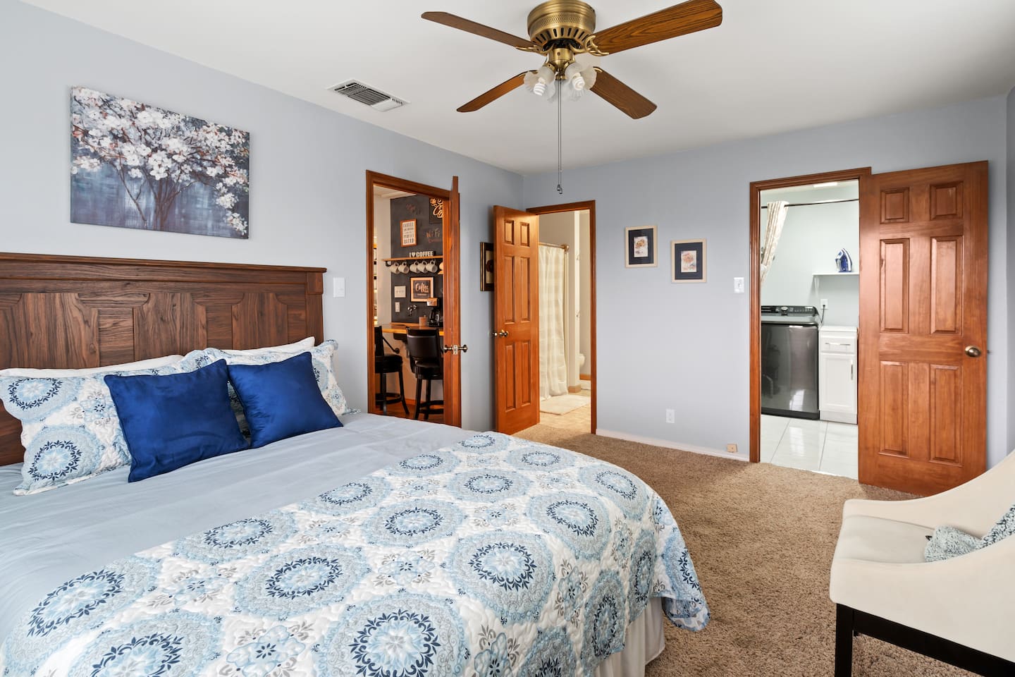 Welcome to the upstairs primary! Here you'll find an ensuite full bathroom + laundry room - Infinite Views, Heated Pool, Hill Country Paradise! - Canyon Lake