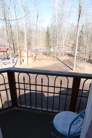 View from the balcony overlooking the woods and pond