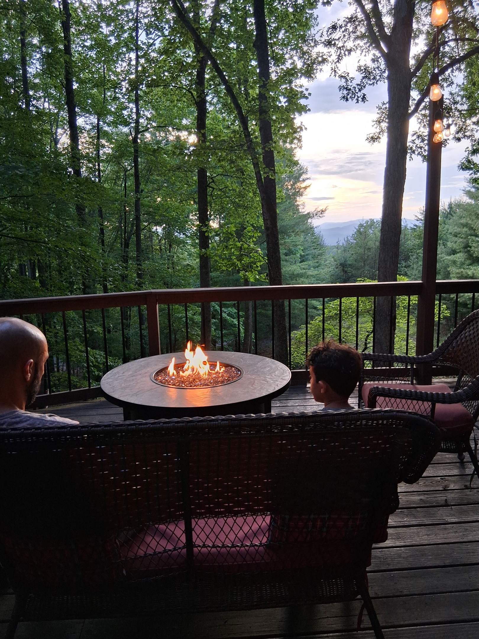 Gas burning firepit on front deck.