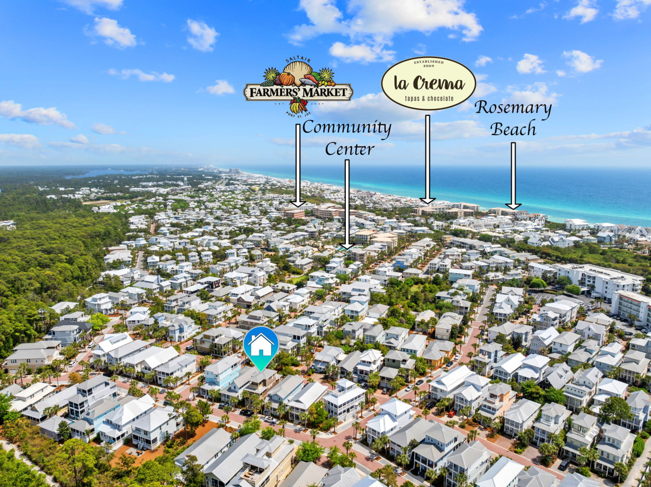 Walk to the Saltair Farmers Market, community events, and Rosemary Beach hotspots like La Crema.