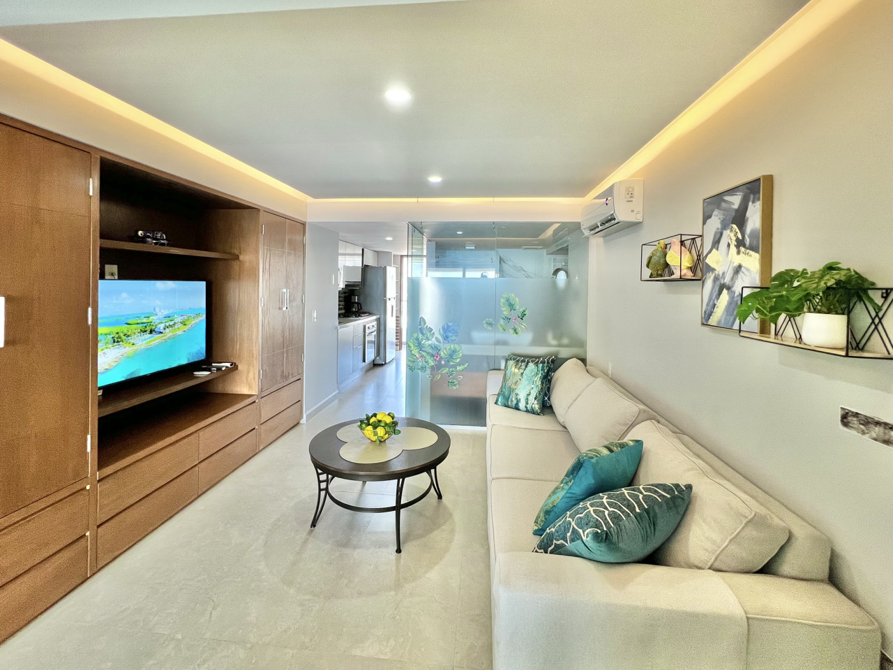 Unwind in style on comfy sofa with movie on TV