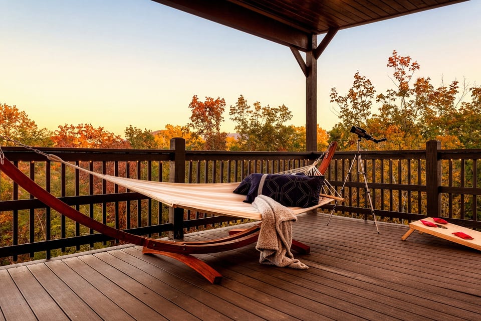 Get cozy in this hammock on the third floor Skydeck with relaxing mountain views!