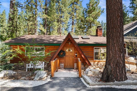 Charming cabin exterior tucked among tall pines, welcoming you home after a day out.