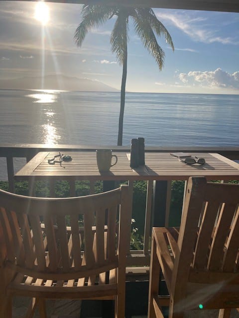 Whale watching on the oceanfront lanai. 