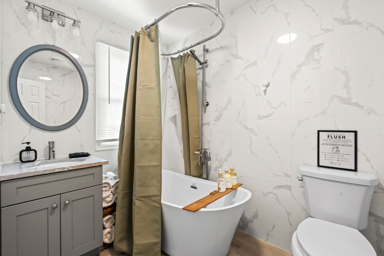 Sophisticated master bath with a luxurious freestanding tub—ideal for a soothing soak.
