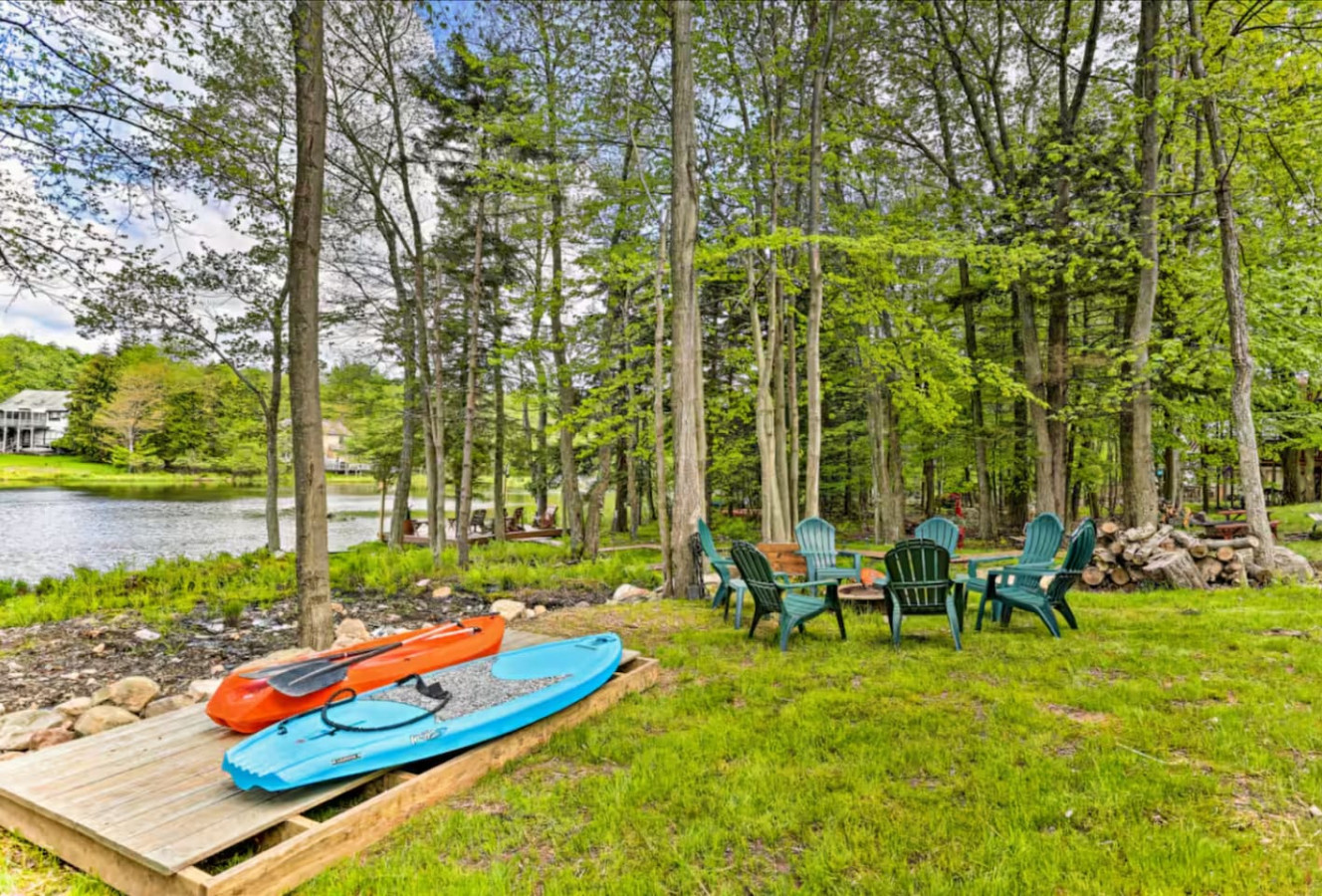 Enjoy the backyard with firepit, kayaks and paddleboard with your own private lake access