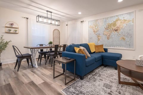 The dining table seats 6 people comfortably. 2 more seats available in the kitchen countertop island.