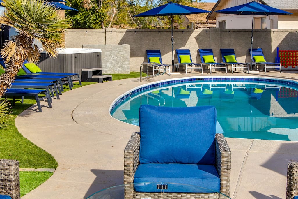 Backyard Oasis with Firepit, Pool, Hot Tub, Lounge Chairs