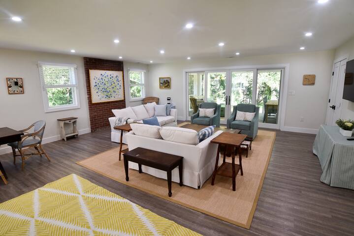 Spacious living room with scenic view.