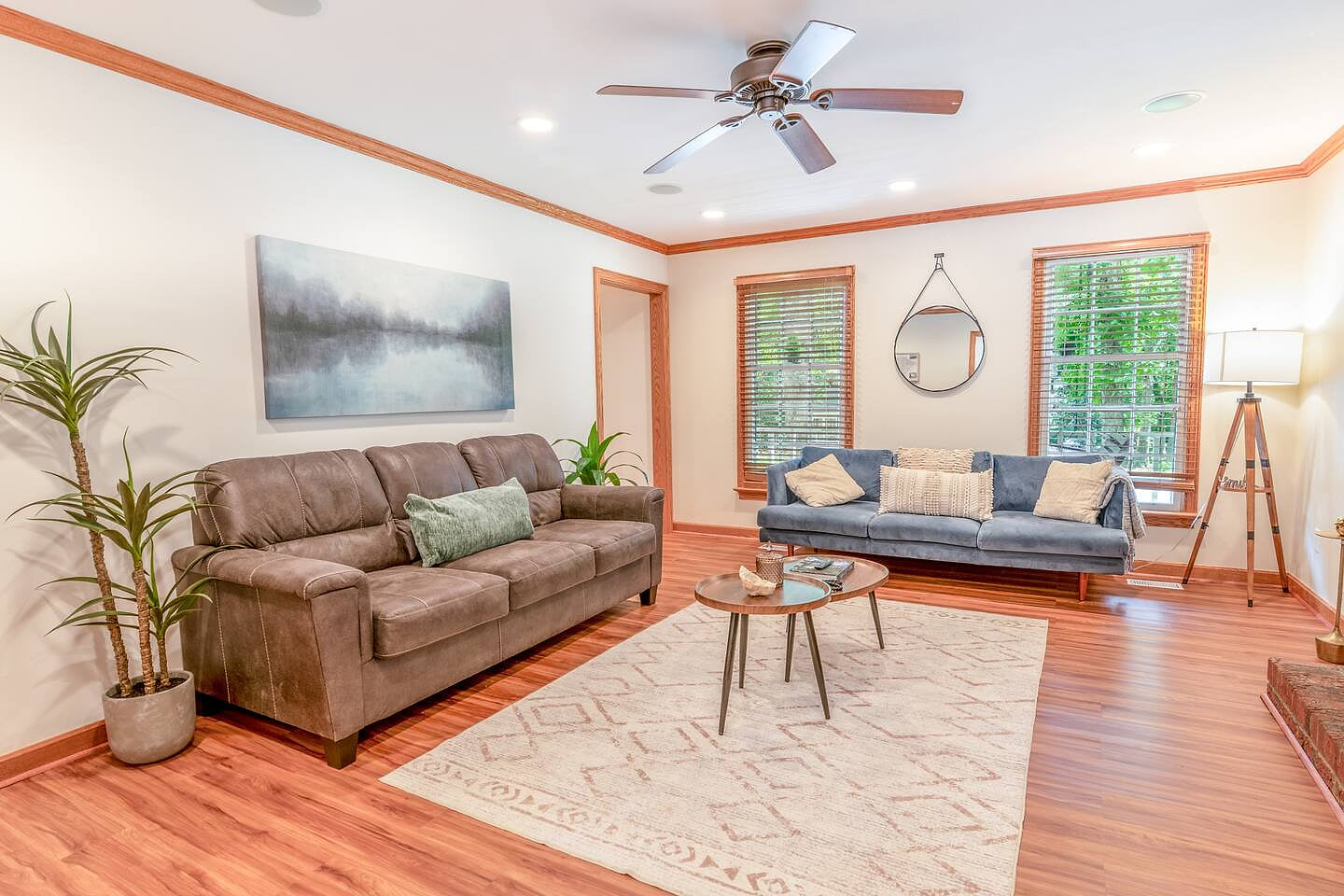  Our inviting living room is the perfect place to unwind, featuring a warm fireplace that sets the mood for peaceful evenings. catch up on your favorite shows with the large smart TV, and enjoy the  curated décor that makes you feel right at home.