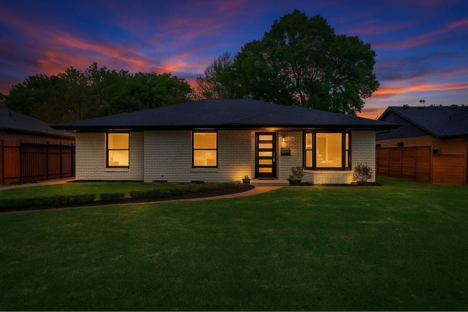 Experience warmth and charm in this beautifully lit home—set against a stunning sunset sky, it’s the perfect welcome to your relaxing getaway.