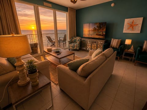 Golden hour fills the living room with unforgettable Gulf sunsets.
