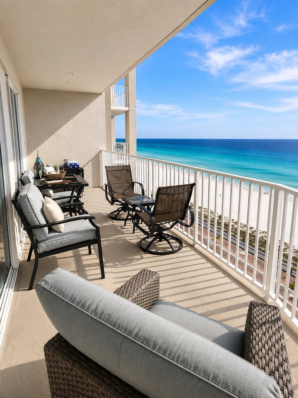 Start every morning with coffee overlooking the Emerald Coast.