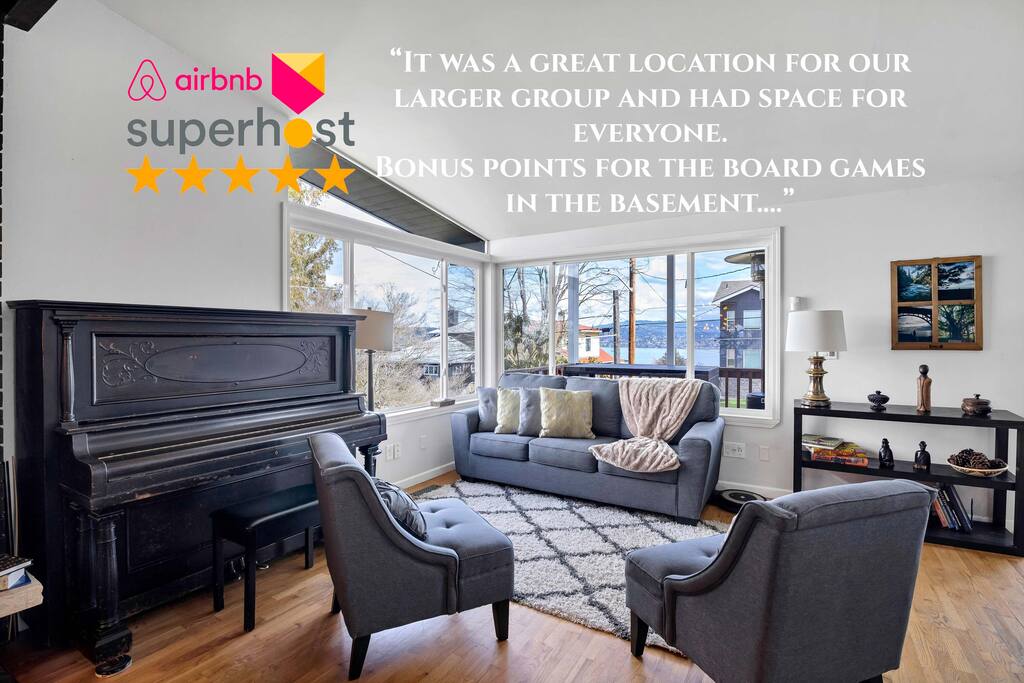 Wake up to breathtaking Lake Washington views from the comfort of this open-concept living room — your serene Seattle retreat awaits!