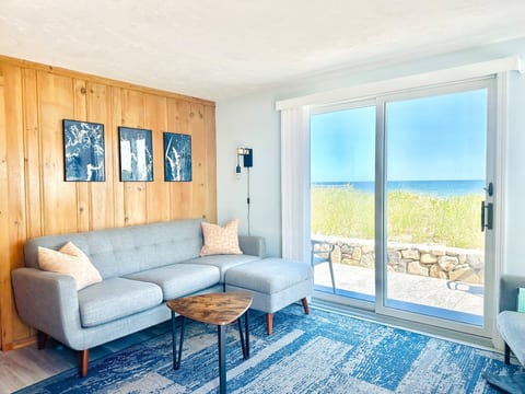 New mid century modern style furniture with oceanfront views from the living room
