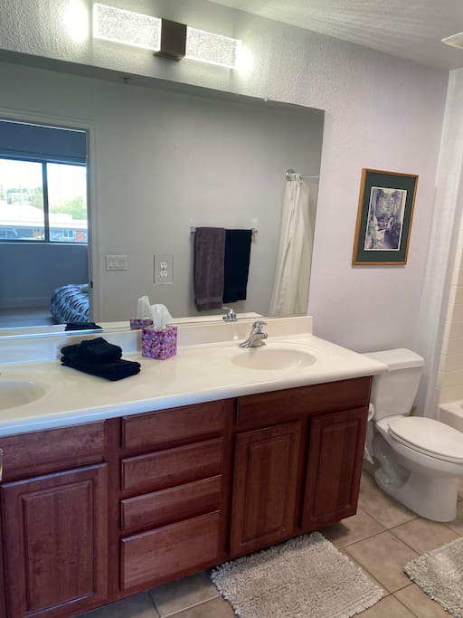 Double sink in master bathroom.