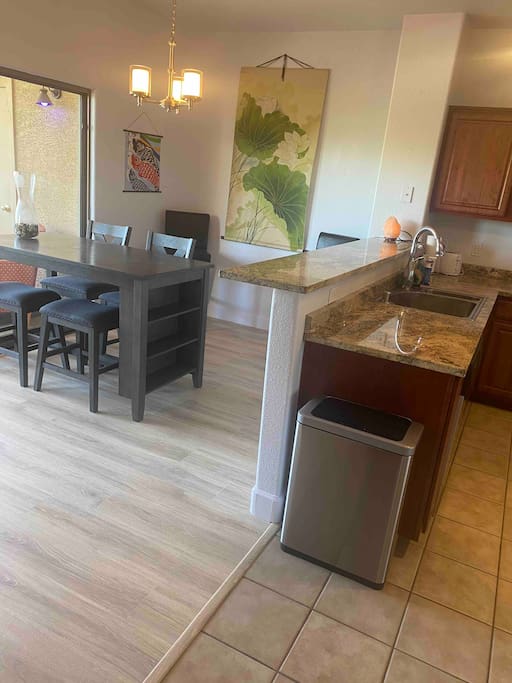Dinning room with wood floors.