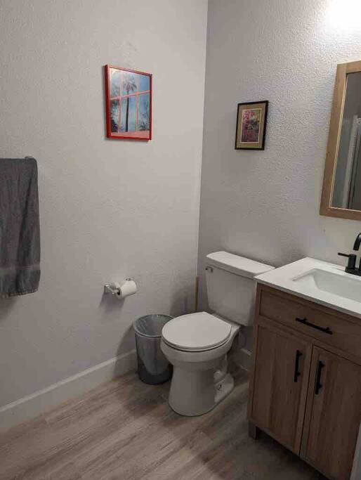 Small bathroom attach bedroom with Shower and wood floors