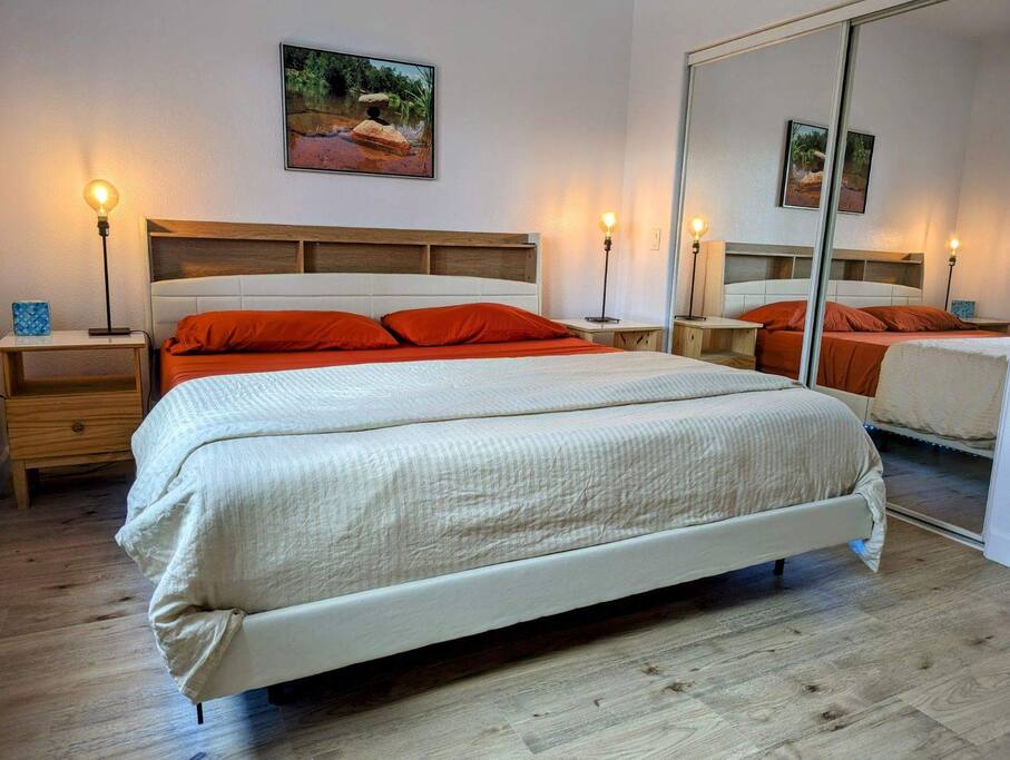 Floating King bed in master bedroom.