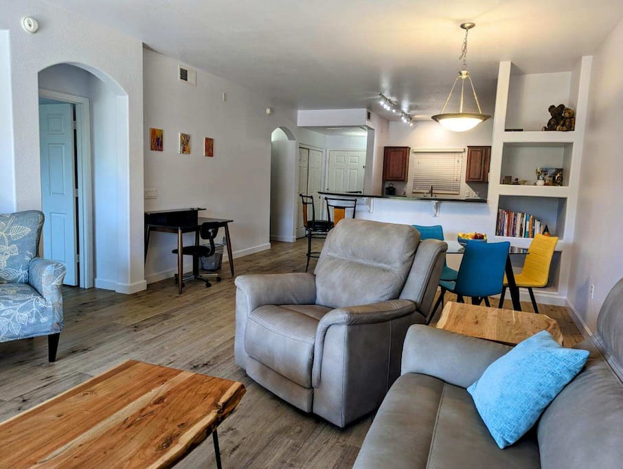 Cozy chairs with wood floors.