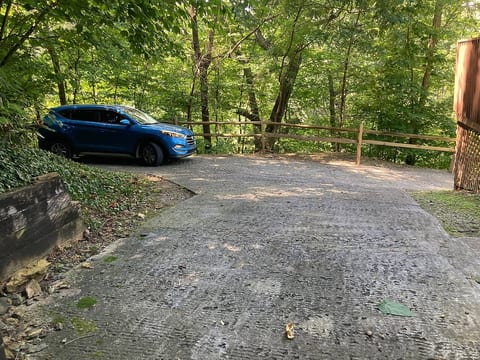 Flat parking by the house for 2 cars at the top of our driveway. You have space to turn around if only one car.