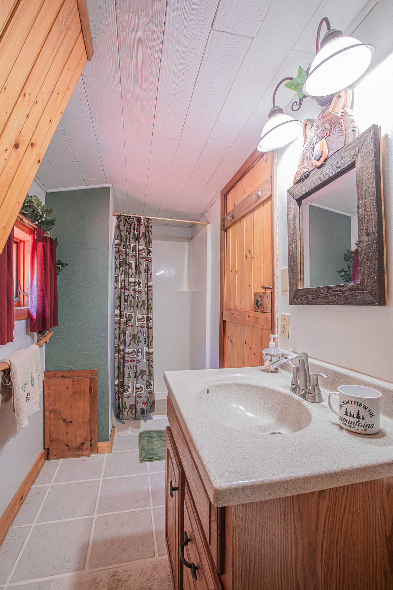 Full Bathroom 3 (Upper Level)- Stand Alone Shower, Toilet, Sink, Vanity Full Bathroom 3 (Upper Level)- Stand Alone Shower, Toilet, Sink, Vanity - Buffalo Creek Log Cabin - Robbinsville