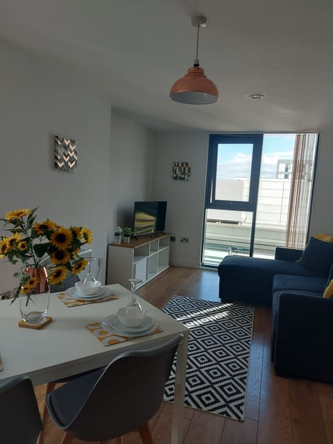 Open plan living + dining area. Sofa / sofabed, TV