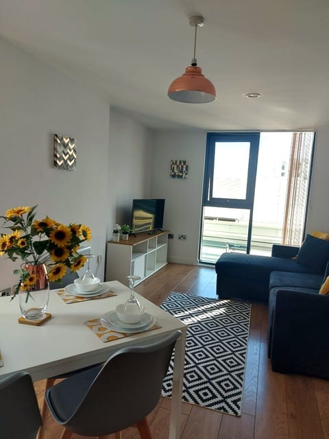 Open plan living + dining area. Sofa / sofabed, TV. Dining table and chairs.