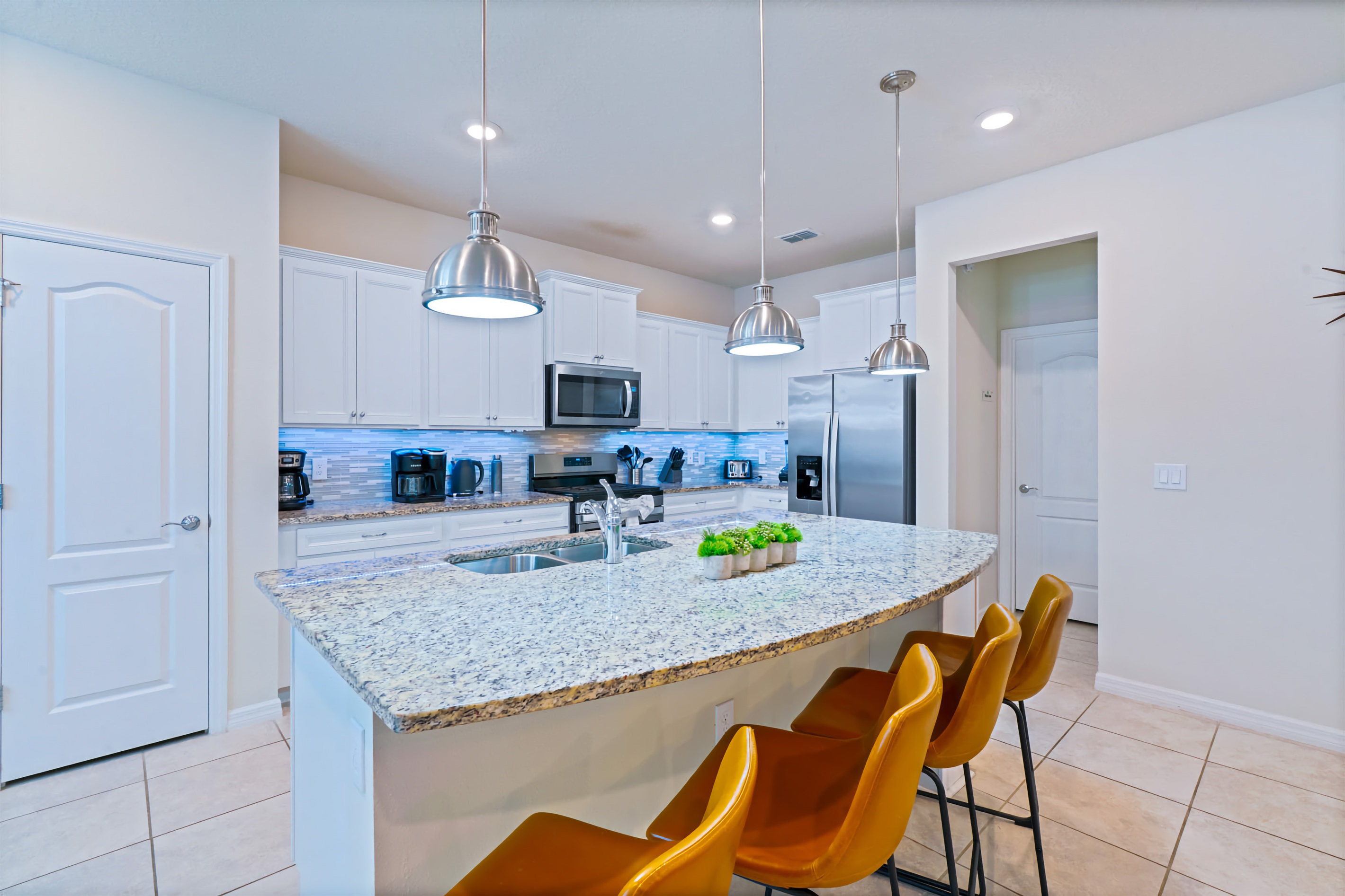 Granite counters and essentials for easy family meals.