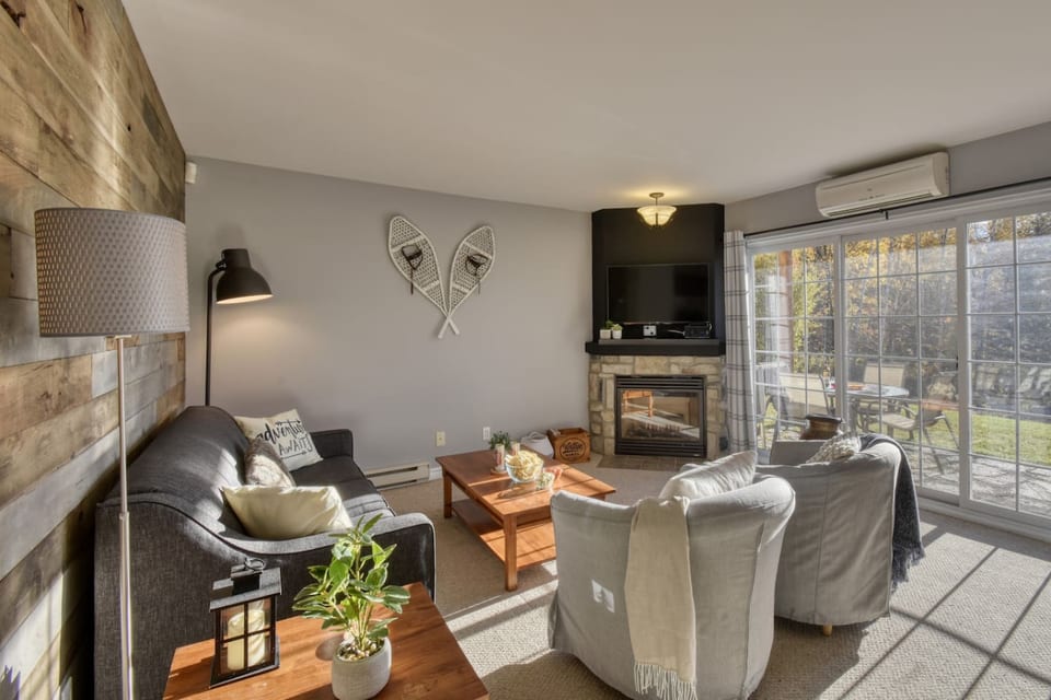 Salon avec foyer au gaz, télé intelligente et sofa lit
