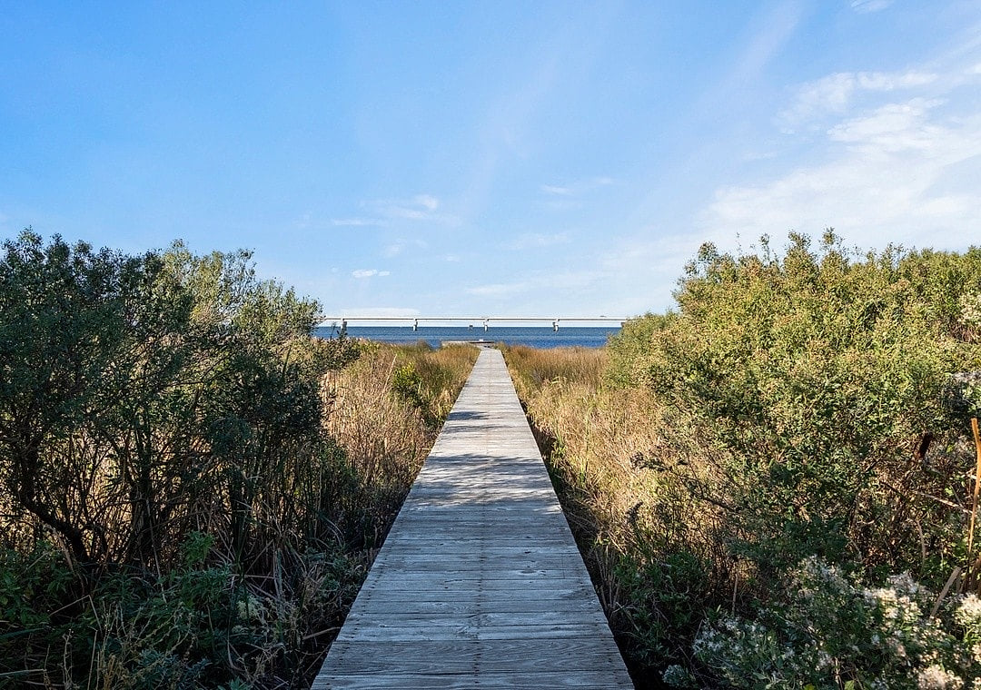 Scenic Pathway: Stroll through lush greenery to reach the stunning waterfront in Rodanthe!