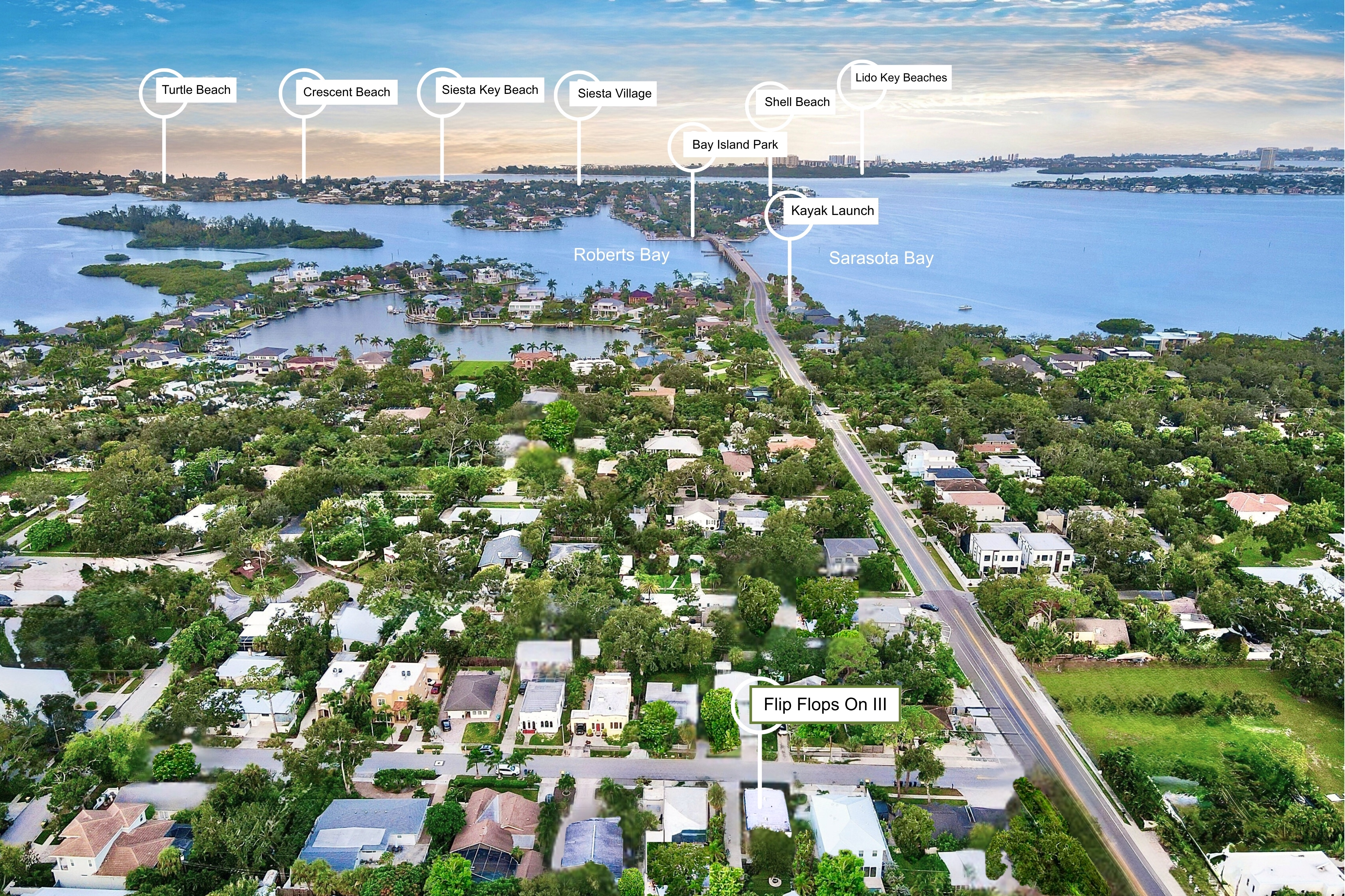 Head west to Siesta Key’s sands (4 blocks to the key) north to Sarasota’s scene (2  mi to downtown), west to St. Armands (5 mi) & north-west to Lido’s quiet charm (6 mi). 