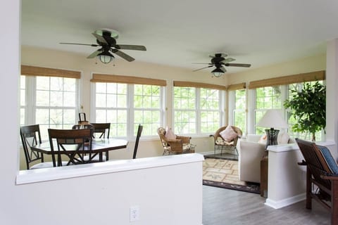 This is a beautiful home with wonderful finishes. The windows are perfect for a lakeside cottage. The ceiling fans and light fixtures are quality and tasteful.