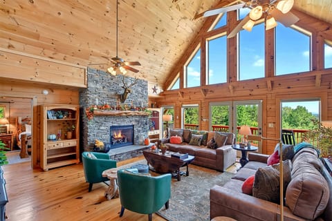 Gather around the cozy fireplace