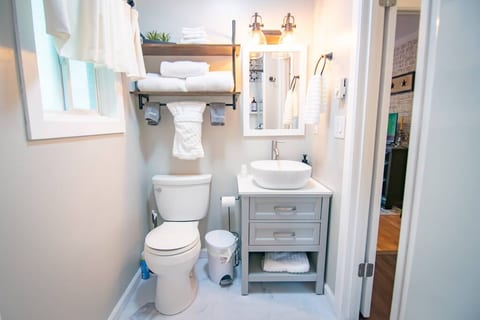 Stylishly updated bathroom with essentials, including hair dryer and 3-in-1 shampoo/conditioner/body wash