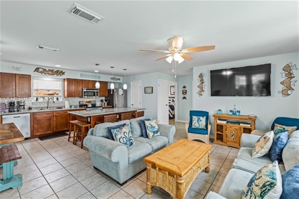 Large open den and kitchen