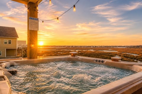 Immerse yourself in luxury as you unwind in a hot tub with panoramic views of the serene marshland.