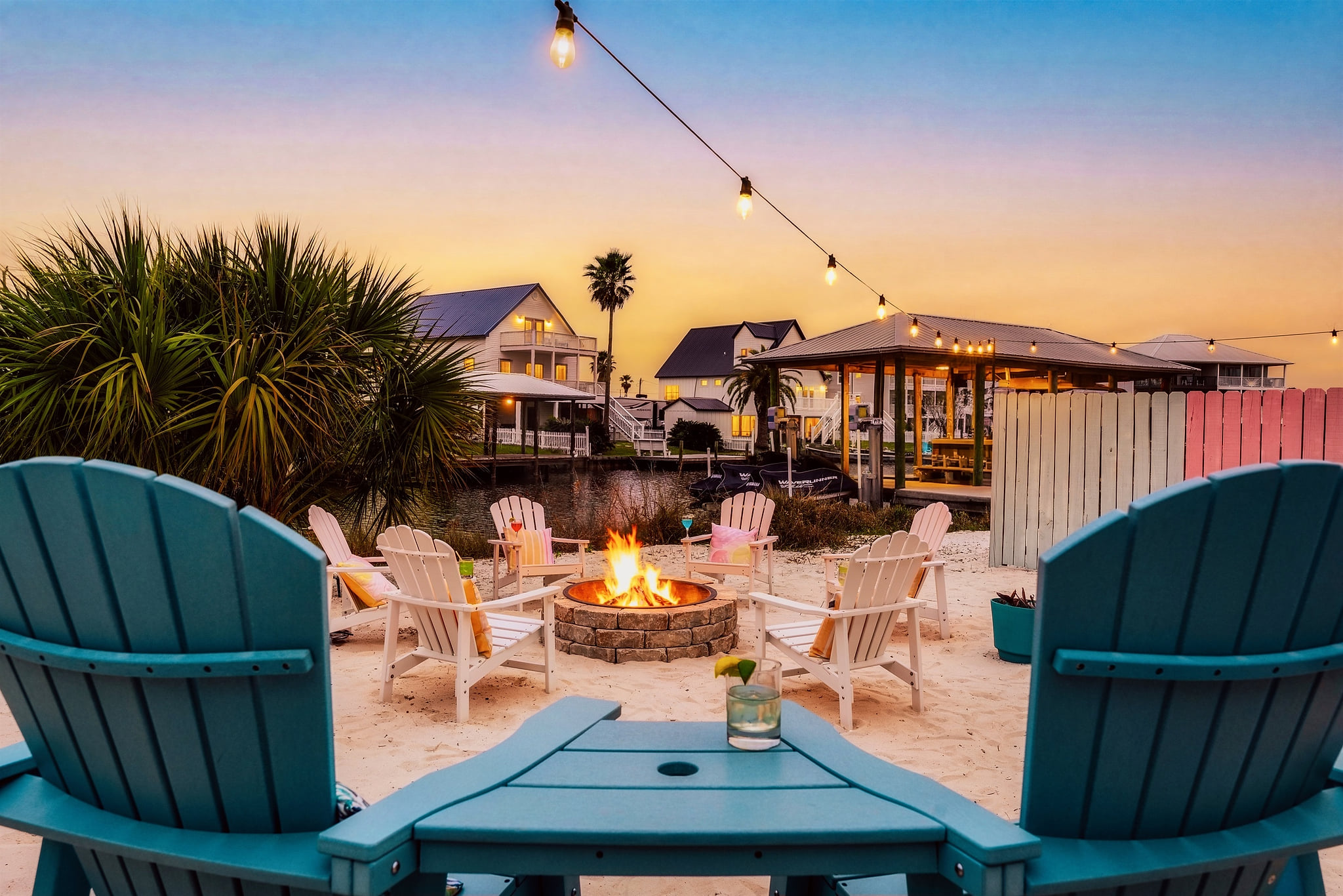 Morning coffee or evening cocktails by the fire — this is your beach escape