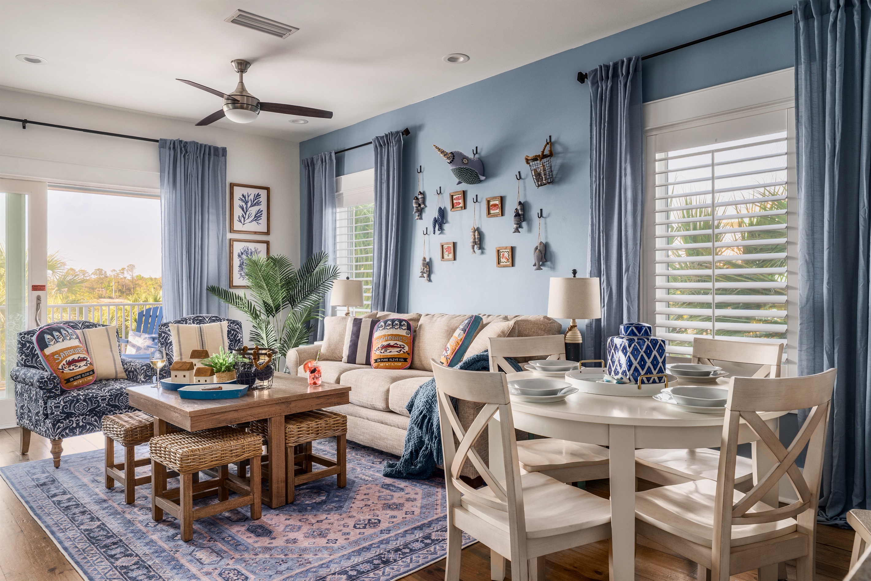 Step into coastal comfort! This sunlit living space blends beachy charm and modern style—perfect for game nights, coffee chats, or just soaking in the good vibes!