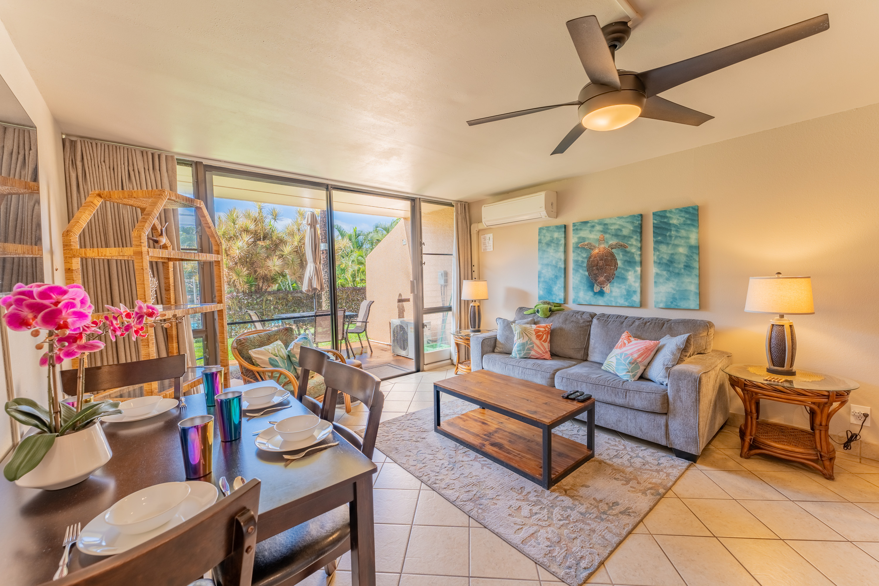 Living room with sofa bed, dining area, air-conditioned