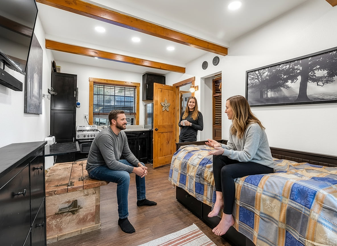 Cozy studio: beams, twin beds, kitchenette, and smart TV comfort.