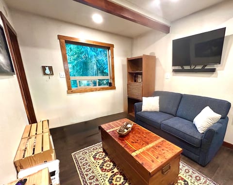 Cozy lounge with forest view, smart TV, and rustic wood accents