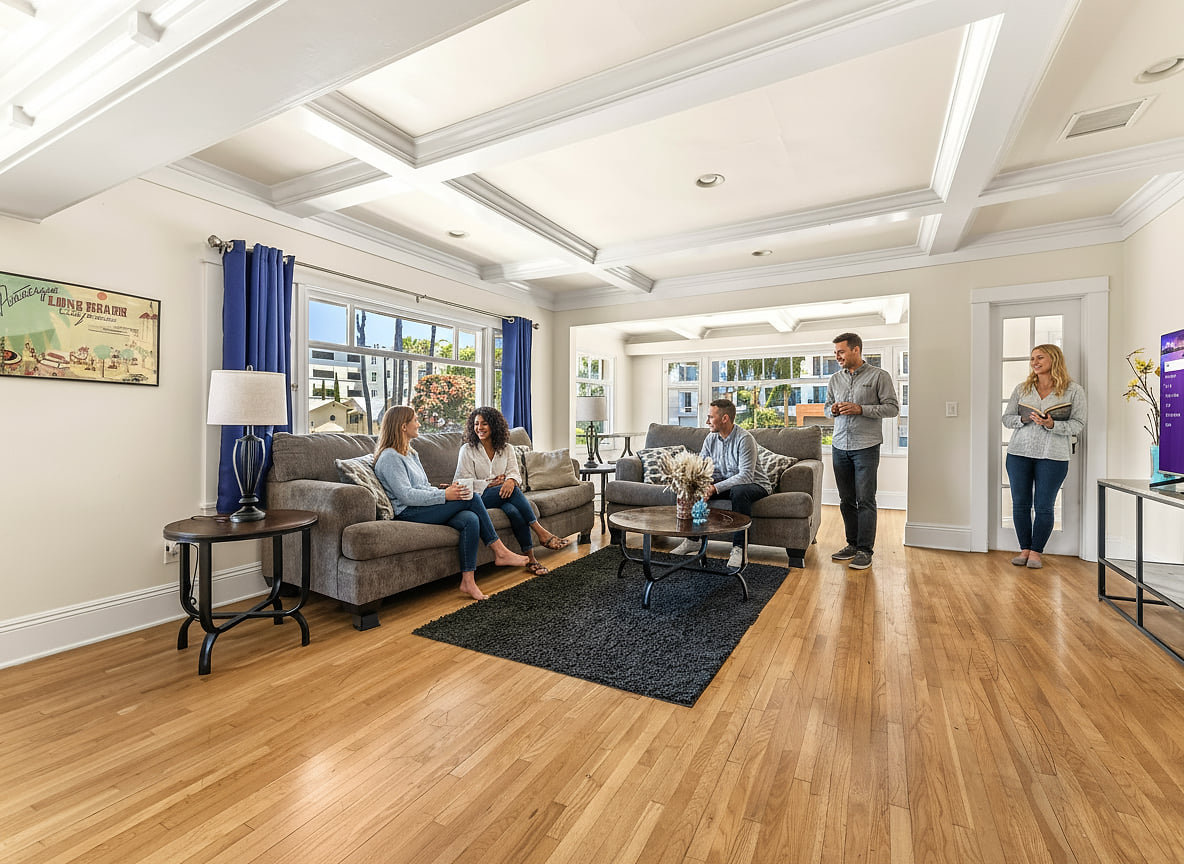 Sunny, open living room with coffered ceiling, hardwoods, and plush seating.